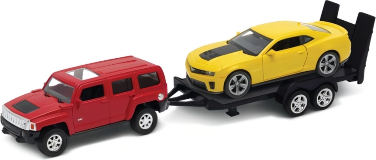 Welly autovlek Hummer H3 s přívěsem a Chevrolet Camaro ZL1 1:34