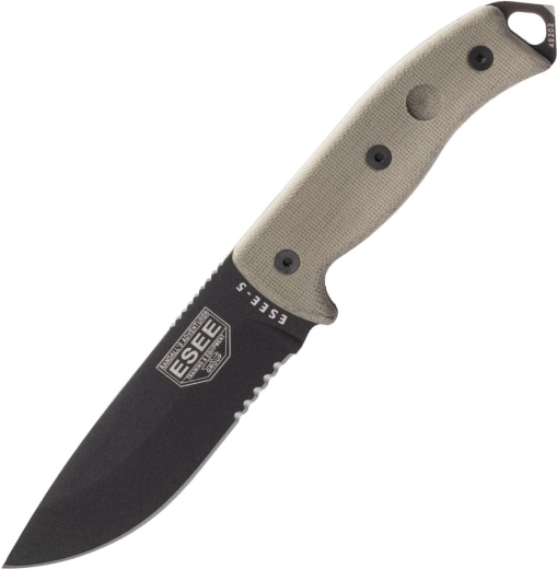ESEE 5 zubaté ostří, černá čepel, micarta rukojeť, pouzdro Kydex