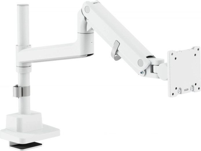 Bílé plynové rameno na monitor s deskovým svěrákem, 57" / 27 kg, VESA 75x75 a 100x100