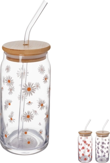 Skleněná sklenice s bambusovým víčkem a skleněným brčkem 0,5 l mix