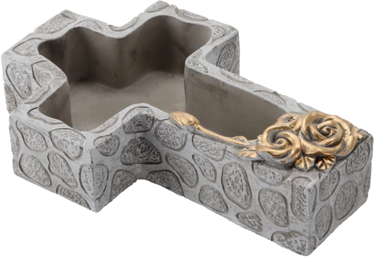 Cementová hřbitovní miska ve tvaru kříže, šedá se zlatými detaily 28 × 18 × 7,5 cm