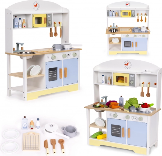 Dřevěná dětská kuchyňka s troubou, pračkou a mikrovlnkou ECOTOYS – 12 doplňků