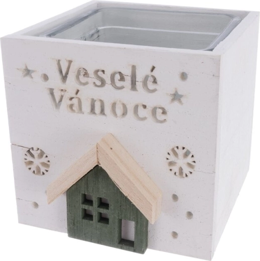 Dřevěný svícen Veselé Vánoce bílý