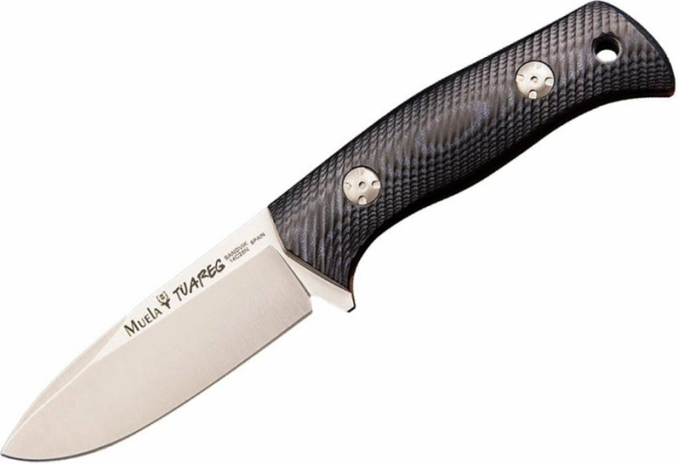 Muela Tuareg 10M odolný bushcraft nůž 10 cm s kryogenní úpravou Cryo‑T, černo‑modrá Micarta, kožené pouzdro