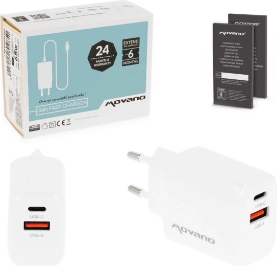 Movano GaN síťová nabíječka 20 W USB-C PD + USB-A bílá