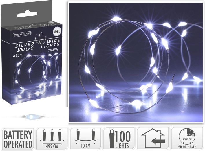 Vánoční LED osvětlení 4,95 m, 100 LED, studená bílá, na drátku, s časovačem - 1 kus