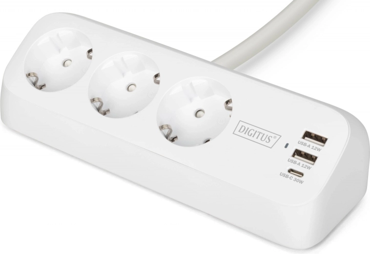 Stolní prodlužovací přepěťová lišta se svěrkou, 3 zásuvky schuko, 2× usb‑a 12 w, 1× usb‑c 30 w, kabel 1,5 m, bílá