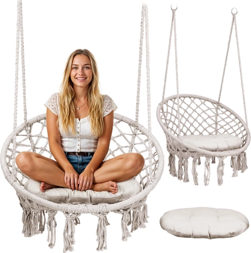 Závěsné křeslo boho béžové s polštářem