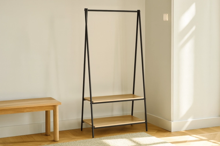Volně stojící šatní stojan s 2 policemi 80 × 40 × 160 cm, kov a dřevo, loft design