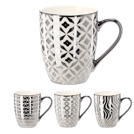 Porcelánový hrnek 340 ml ve stříbrno-bílé barvě s geometrickými vzory