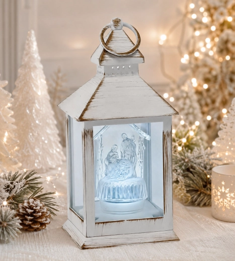 Bílý LED lampion se Svatou rodinou