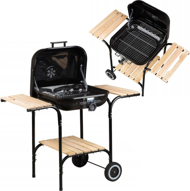 Velký zahradní gril s nastavitelným roštem a dřevěnými poličkami