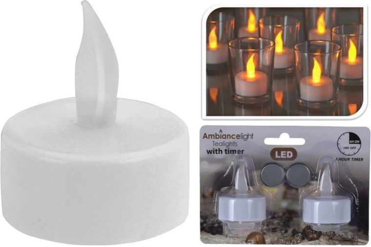 Led čajová svíčka bílá s časovačem a bateriemi (2 ks)