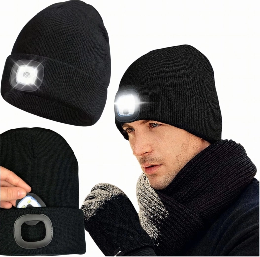 Zimní čepice s LED čelovkou pro běhání černá