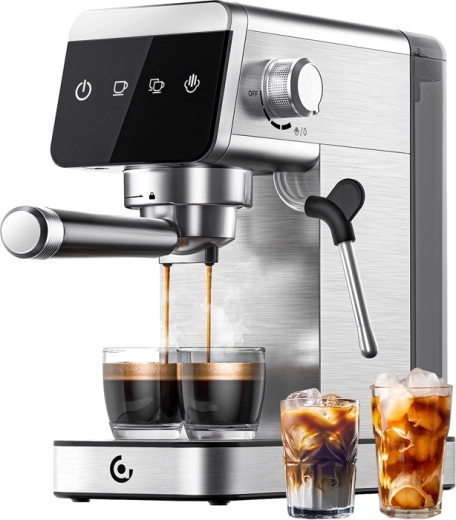 Amzchef pístový kávovar s portafiltrem 20 bar, 1350 W, stříbrný
