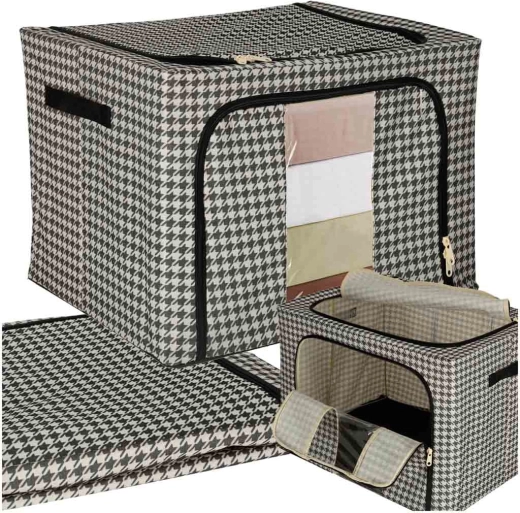 Textilní úložný box se stelažem s okénkem, černo‑bílý – 100l