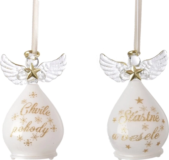 Závěsná skleněná vánoční dekorace anděl s LED osvětlením 14 cm (2 varianty)