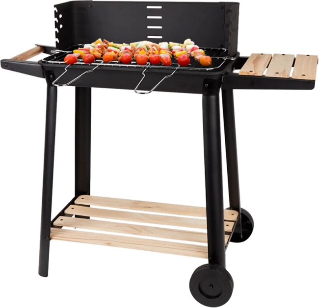 Zahradní přenosný gril na dřevěné uhlí s nastavitelným roštem a policemi