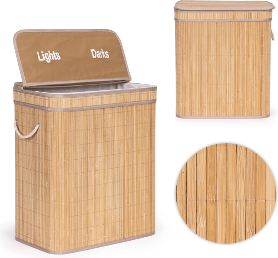 Koš na prádlo ModernHome z bambusu 100 l se 2 přihrádkami a víkem