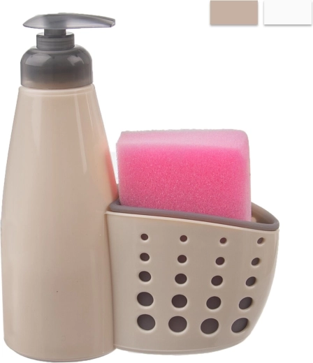 Dávkovač na mycí prostředek s přihrádkou na houbičku, béžový 370 ml