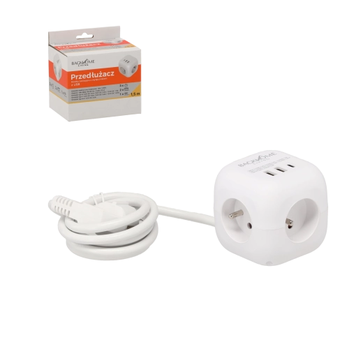 Kostka prodlužovací zásuvka 3×230 V a 3× USB, 1,5 m, bílá