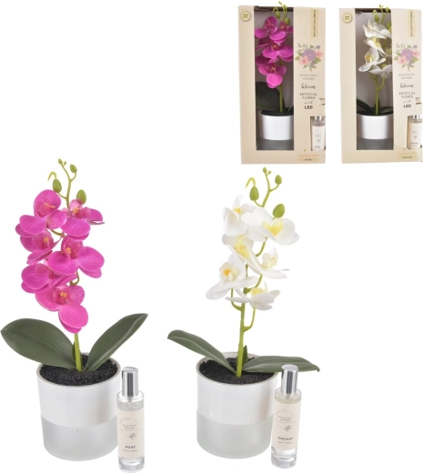 Dekorativní orchidej v květináči s LED osvětlením a vonným sprejem 30 ml