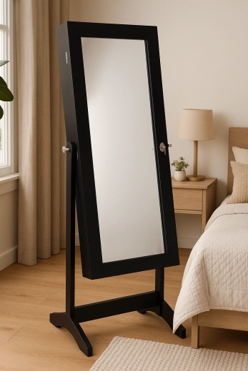 Černá šperkovnice se stojacím zrcadlem 41,5 × 36,5 × 147 cm