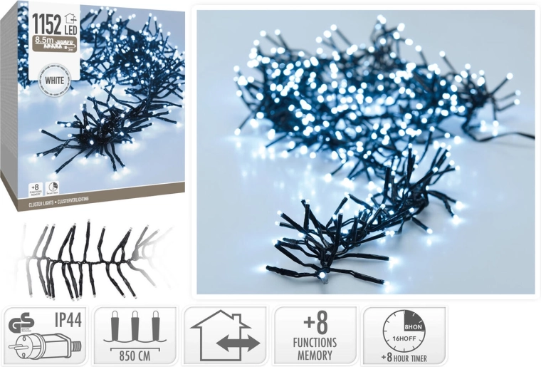 Vánoční LED řetěz 8,5 m, studená bílá, 1152 LED, 8 funkcí s časovačem