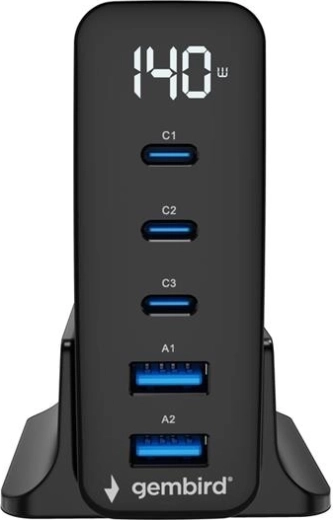 Univerzální GaN nabíječka 140 W s LCD, 3× USB-C a 2× USB-A, černá