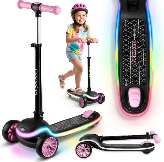 Dětská tříkolová balanční koloběžka s LED podsvícením RICOKIDS Leddi – černo‑růžová