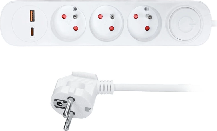 Solight prodlužovací přívod se 3 zásuvkami a USB A+C 20 W PD, 3 m, bílý