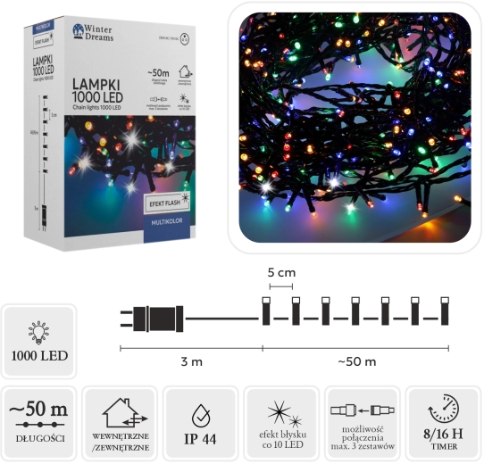 LED světelný řetěz 1000 diod multicolor se studeným blikáním, 50 m
