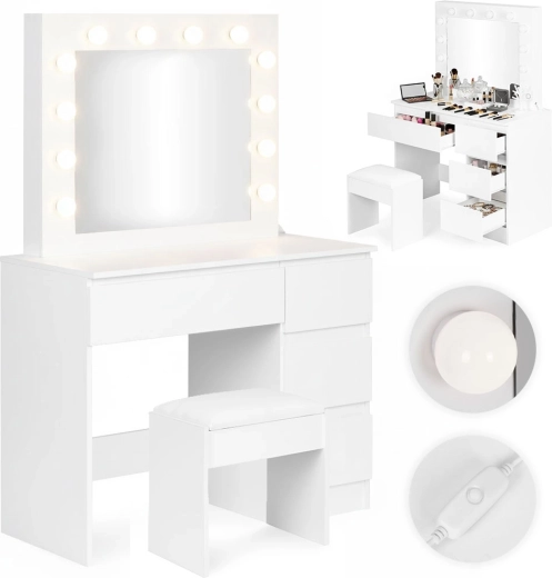 Toaletní stolek s LED zrcadlem a 4 zásuvkami se stoličkou ModernHome