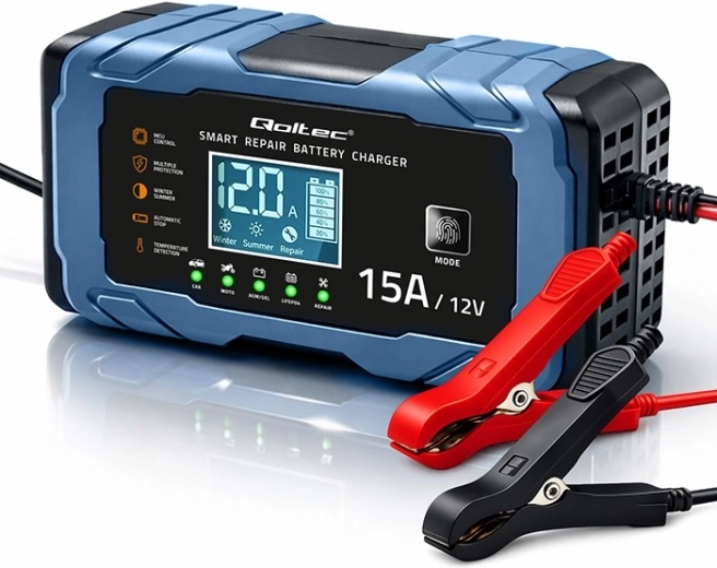 Qoltec inteligentní nabíječka autobaterií 12 v 15 a s funkcí opravy pro AGM/GEL/LiFePO4