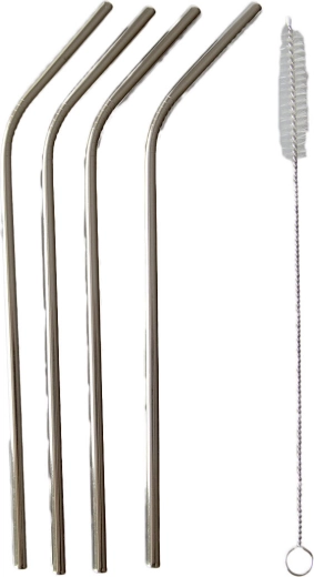 Nerezová brčka ohnutá 21,5 cm (4 ks) s čisticím kartáčkem
