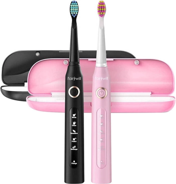 Sonické zubní kartáčky FAIRYWILL se sadou hlavic a pouzdrem (černý a růžový)