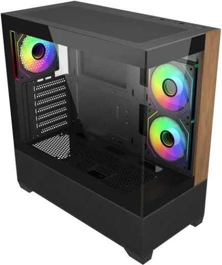 Pc skříň Elite 690 wood s panoramatickým sklem a ARGB ventilátory