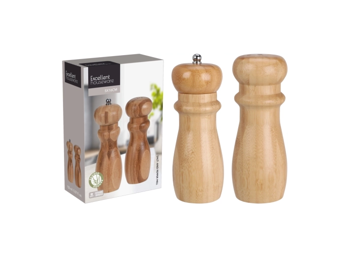 Bambusová sada mlýnků na sůl a pepř s keramickým mlecím mechanismem