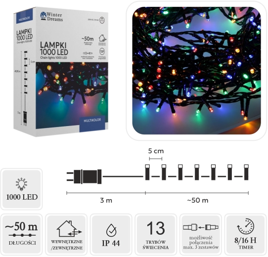 Vícebarevný LED světelný řetěz 1000 LED, 50 m