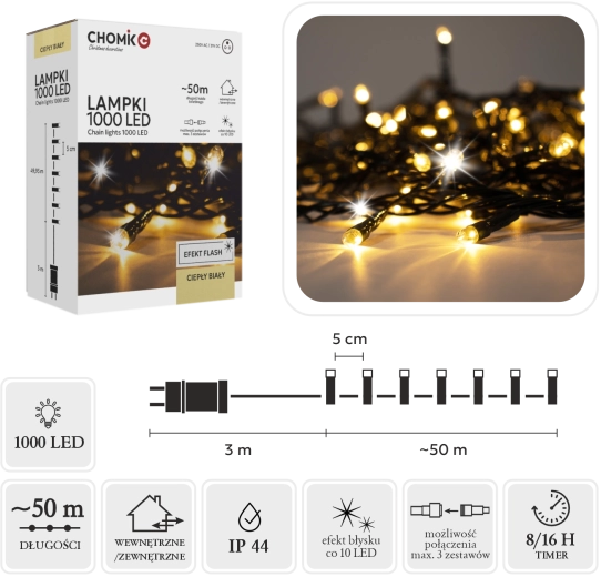 Led světelný řetěz 1000 led teplá bílá + studený flash 53 m (3 m přívod) pro vnitřní i venkovní použití