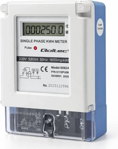 Qoltec jednofázový elektroměr spotřeby energie 230 V 5(60) A LCD
