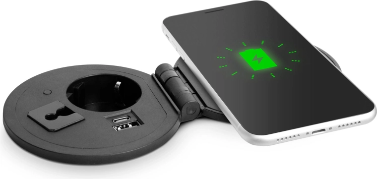 Vestavná výsuvná zásuvka s USB, USB-C a bezdrátovou nabíječkou