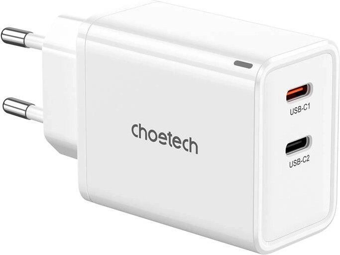 Choetech GaN síťová nabíječka 65 W, 2× USB‑C (bílá)