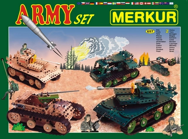 Stavebnice Merkur Army set 674 ks, dvouvrstvá krabice 36 × 27 × 5,5 cm