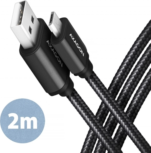 Kabel AXAGON MicroUSB - USB A 2m, ALU opletený, černý