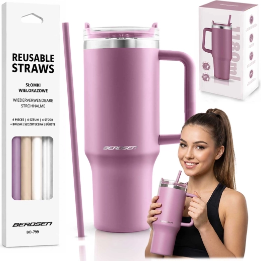 Berdsen vakuový termokelímek 1180 ml se sadou brček, růžový