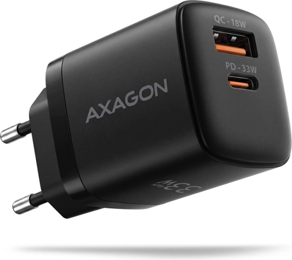 AXAGON síťová nabíječka GaN 33 W se 2 porty USB-C a USB-A, černá