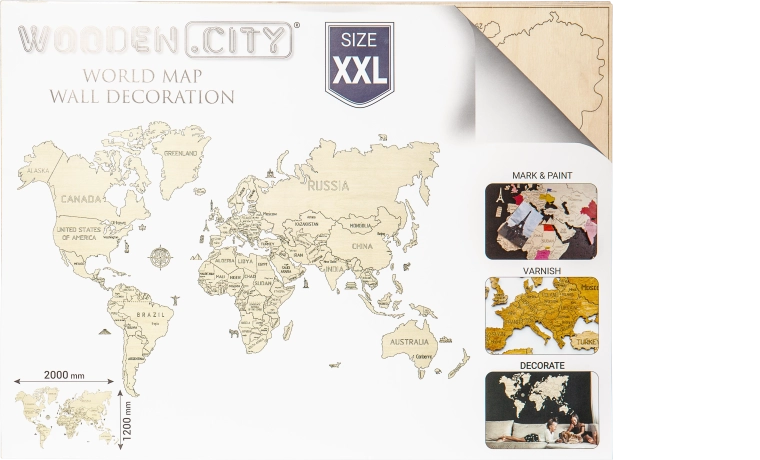 Dřevěná 3D mapa světa na stěnu XXL modrá
