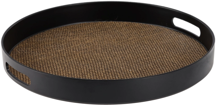 Kulatý servírovací podnos s uchy černý s jutovým dekorem 35 × 35 × 4 cm