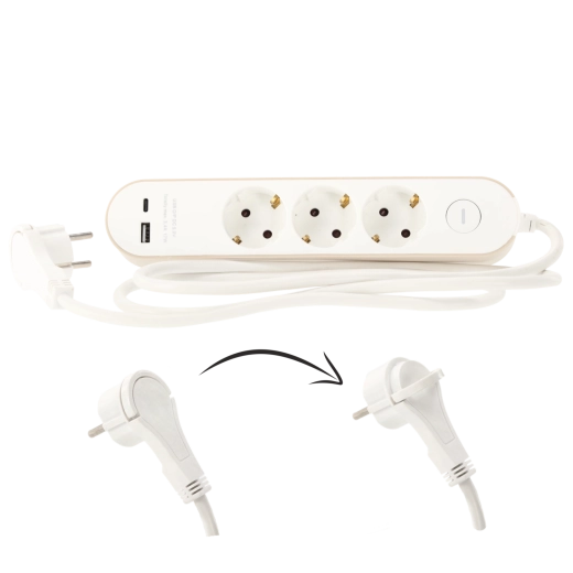 Prodlužovací přepěťová lišta se spínačem, 3 zásuvky Schuko a 2 USB (USB-A + USB-C), 1,5 m, bílá
